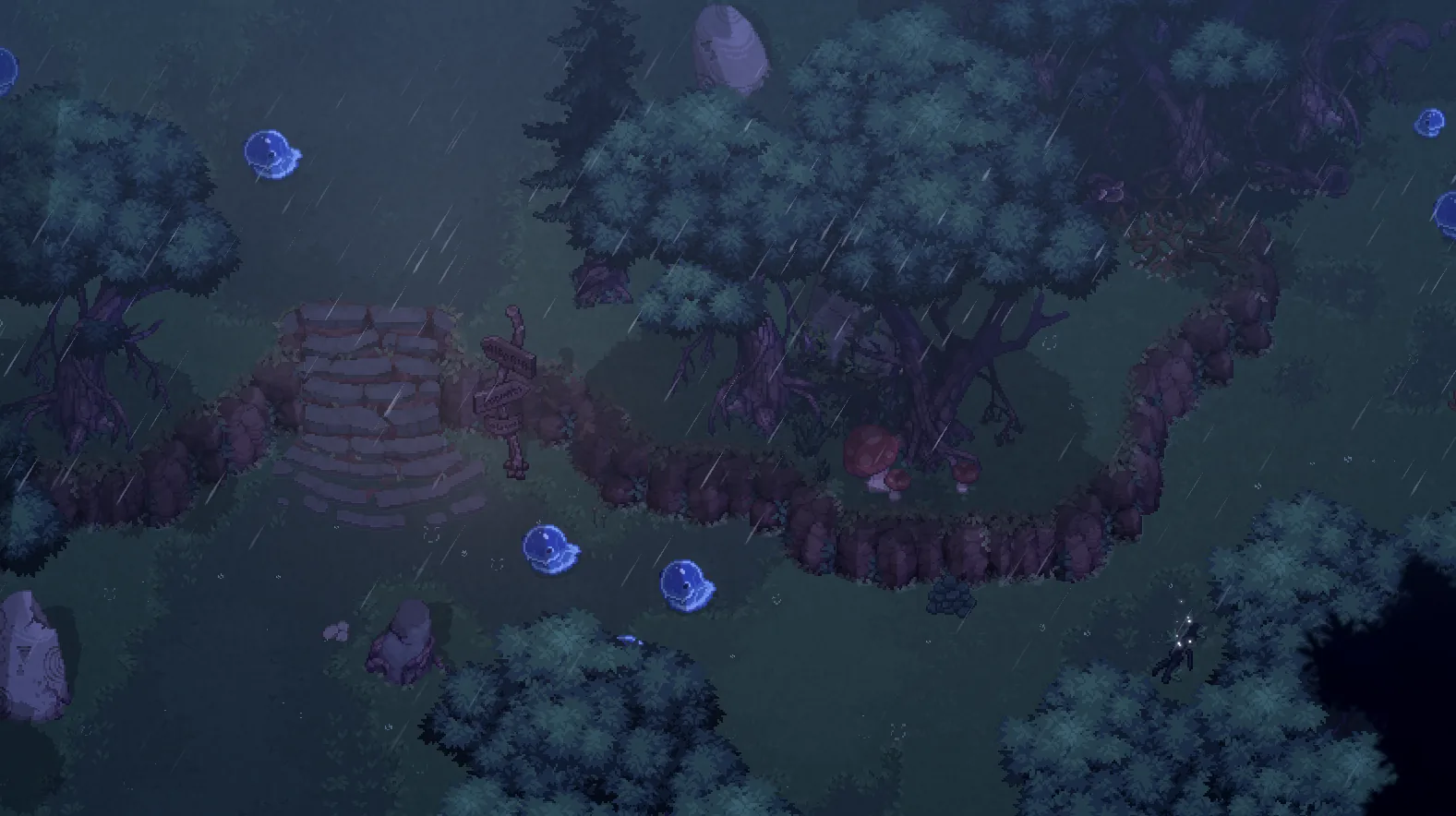 Rainy night forest in Dimraeth with glowing blue rune orbs and a stone ruin