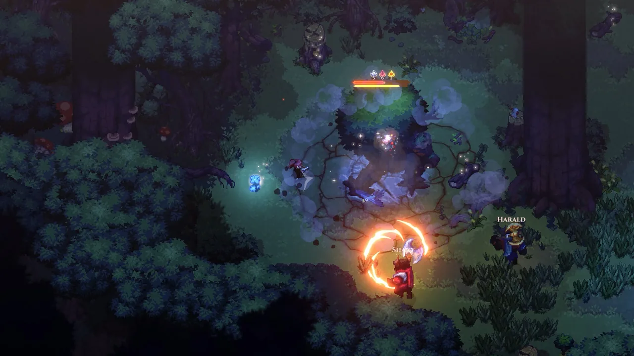 Dimraeth party exploring a flooded ruin with a giant stone statue and glowing crystals